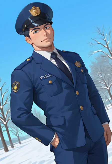 score_9, score_8_up, score_7_up, score_6_up, perfect anatomy, perfect proportions, best quality, masterpiece, high_resolution, high quality, aesthetic, absurdres, male focus, solo male, adult, mature, masculine, manly, handsome, charming, alluring, standing, upper body, dutch angle, cowboy shot, BREAK (asian male, japanese male:1.3), black eyes, black hair, short hair, facial hair, stubble, BREAK Japanese Winter Police Uniform, Japanese Police Uniform, Winter Police Uniform, male Police Uniform, HannekenJpPcWt01, formal uniform,white collared shirt, dark blue necktie, dark blue formal jacket, rank insignia, Japanese police emblem, dark blue pants, aiguillette, black shoes, dark peaked cap, outdoors, japanese modern city