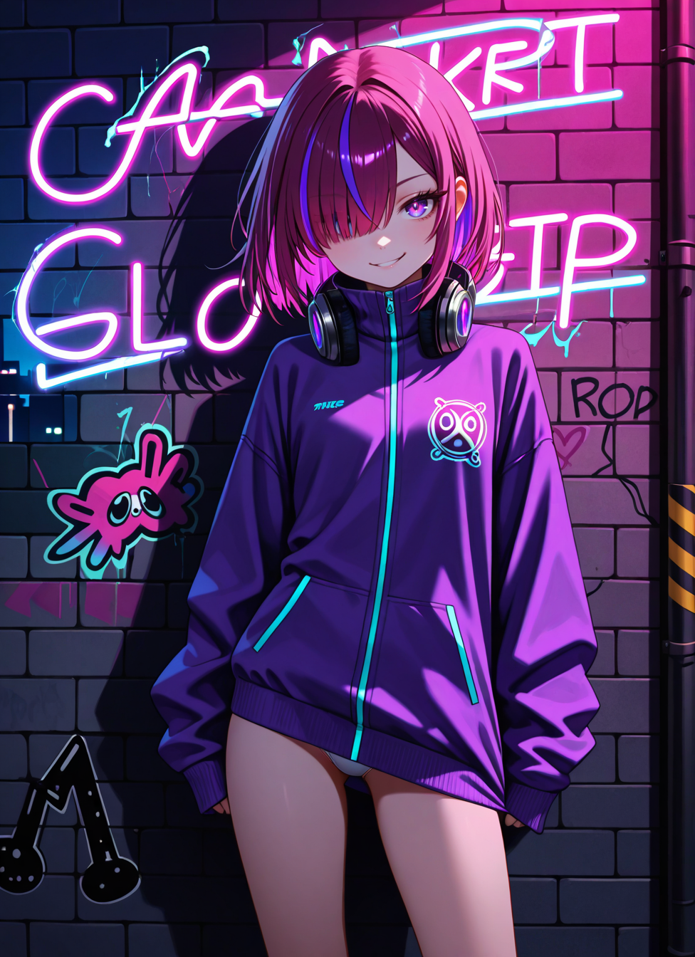 1girl, solo, white panties peek, petite, eyelashes, (beautiful eyes), zzDot, purple eyes, hair over one eye, medium hair, multicolored hair, pink hair, purple hair, streaked hair, purple jacket, headphones around neck, long sleeves, sleeves past wrists, urban background, city lights, graffiti wall, dynamic pose, leaning against wall, night, moody lighting, solo, cool expression â Under the glow of flickering street lamps, zzDot leans casually against a graffiti-covered wall, her purple jacket pulled tight against the cool night air. Strands of pink and purple hair fall over one eye, the vibrant streaks glowing subtly under the cityâs neon lights. Her purple eyes scan the street with a calm intensity, framed by long lashes and a faint smirk that hints at quiet confidence. The headphones around her neck glint with metal accents, catching reflections from passing headlights. Her oversized sleeves slip past her wrists, adding to her effortlessly cool aesthetic. The distant hum of traffic mixes with the soft pulse of a bassline in the air, as the urban landscape wraps around her like a second skin. This is her worldâbold, electric, and unapologetically hers., <BREAK> , masterpiece, best quality, absurdres, highres, very aesthetic, high quality, detailed, insanely detailed, beautiful, very awa