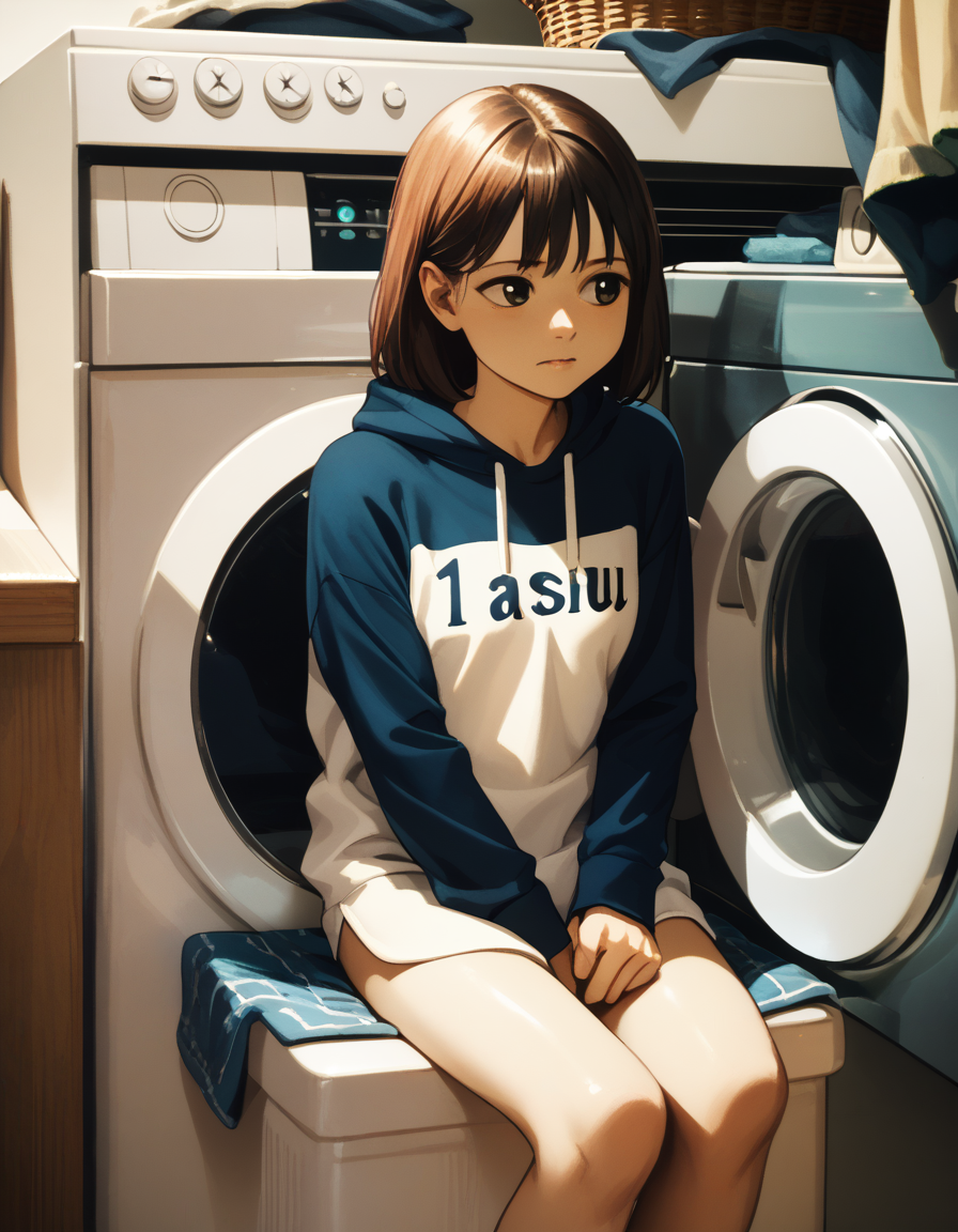 score_9,  score_8_up, score_7_up
<lora:higashiyamashouPony-000008:1> film grain,
<lora:nase-ponyxl-000035:0.7> seasu, shirt, hoodie, shirt, raglan sleeves,
1girl, sitting, laundry basket, washing machine