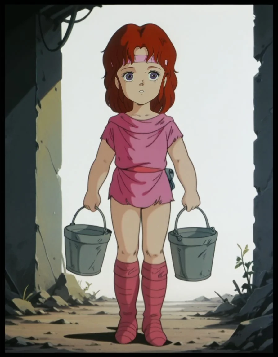 masterpiece, best quality, holding two buckets, full body,
<lora:Lin:1>, L1n, red hair, headband, purple eyes, female child, retro artstyle, torn clothes, shirt, knee boots,