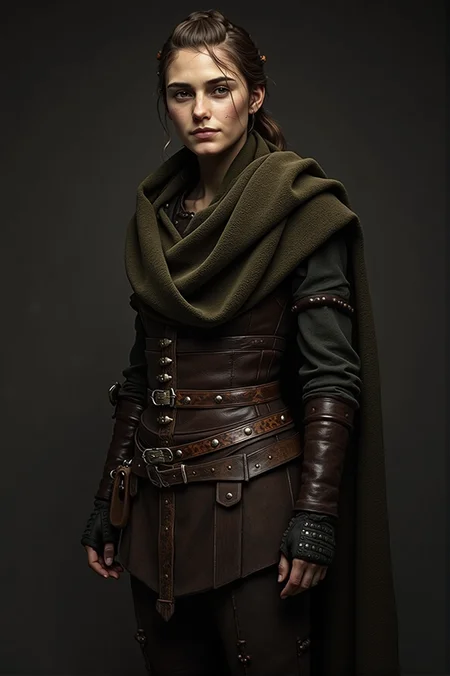Fashion editorial style <lora:amicia-de-rune:1>amicia de rune, Long hair, in medieval attire short outfit . High fashion, trendy, stylish, editorial, magazine style, professional, highly detailed