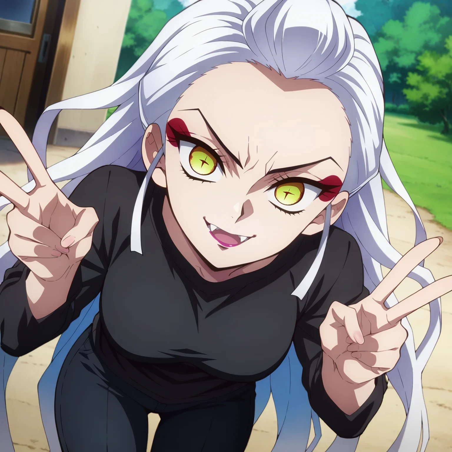 looking at viewer, outdoors, solo, cowboy shot,
<lora:Daki v1:1> daki, yellow eyes, slit pupils, long hair, makeup, lipstick,
white hair,multicolored hair,
black shirt, long sleeves, black pants, light smile, double v, open mouth, fangs, fang,
anime screencap, masterpiece, best quality,