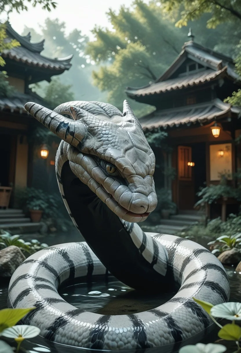 (((score_9, score_8_up, score_7_up)):2.0), source_photo, hyperrealistic, photo, photorealism, realistic lightings, Dynamic Lighting, s1_dram, Warm lighting, Japanese garden, cherry trees, detailed background, (((Naruto_Manda, snake))), slit pupils, green eyes, purple body, body markings, black eye markings, 2 pair of horns, black belly scales, highly detailed, cinematic lighting, realistic shadows, skin texture realistic, masterpiece, award winning photography