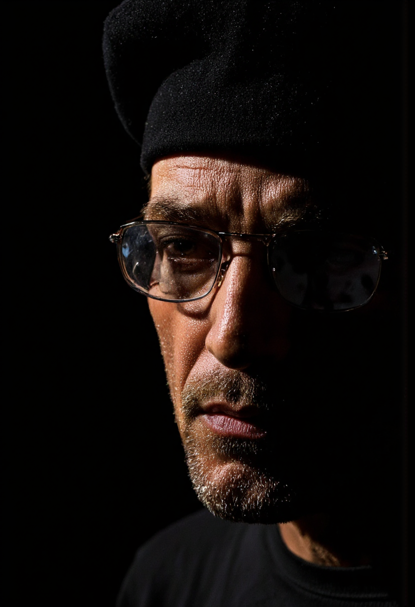 Rembrandt Lighting. A photo-realistic portrait shoot from a profile camera angle about a man wearing round sunglasses and a hat, set against a dark background. the image also shows a man with a beard and mustache, who appears to be in his late 60s, in the middle of the image, facing the viewer with a serious expression. the man is wearing a black beret on his head and a pair of round, silver-framed sunglasses on his face. the lighting is dramatic, casting shadows on the man's face and beard, creating a moody atmosphere. the background is completely black, allowing the focus to be on the face and the man. the overall mood is somber and contemplative.