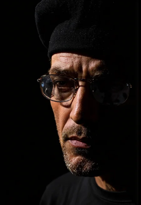 Rembrandt Lighting. A photo-realistic portrait shoot from a profile camera angle about a man wearing round sunglasses and a hat, set against a dark background. the image also shows a man with a beard and mustache, who appears to be in his late 60s, in the middle of the image, facing the viewer with a serious expression. the man is wearing a black beret on his head and a pair of round, silver-framed sunglasses on his face. the lighting is dramatic, casting shadows on the man's face and beard, creating a moody atmosphere. the background is completely black, allowing the focus to be on the face and the man. the overall mood is somber and contemplative.