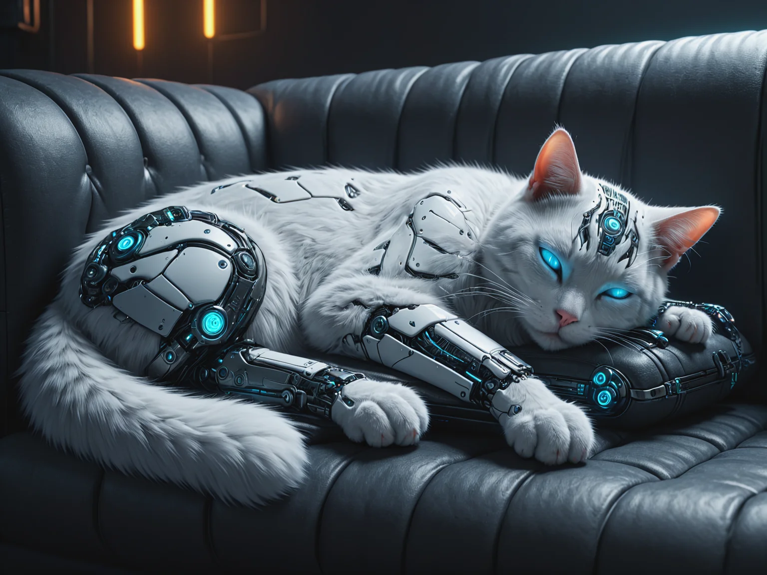 cyberanimals cat sleeping on sofa, cyberpunk <lora:Neon_Cyberpunk_SDXL_Cyberanimals:0.6>, (masterpiece:1.2), best quality, (hyperdetailed, highest detailed:1.2), high resolution textures