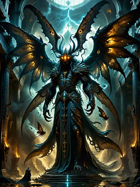 old masters painting style, intricate details, full body view, elder god, huge spread out wings, famous artwork inspired by (gustave dore:1.2) and (stephan martiniere:1.3), detailed expressive eyes, fantasy style, beware the majestic elder (moth:0.72) god "spiteflayer", the image shows the two-faced entity with its glowing eyes in a mythical temple as it hovers in the midst of an otherworldly thunderstorm on planet "nexoheim iv", wearing ornate eldritch plate armor, with huge spread out wings, tiny cultists, size difference, <lora:lyco-style-envydramaticlightingxl01_digital_art-xl:0.68> <lora:midjourney_mimic-xl-by_andrexsel:0.4> <lora:more_artful-xl:0.4> <lora:extremely_detailed-detail_slider-v2-xl-by_ntc:1.0> <lora:envybetterhiresfixxl01-xl:0.0:hr=1.0>