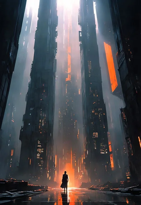 chdmchlwrd, Dark art, Large hall in skyscraper, huge Window to the ceiling, Rear View, Grey DARK color palette, Point of old orange in the far, 80s DARK dystopian Blade Runner Flair, Lowlight dark Pastel Tone, very Detailed, awesome Quality, reflecting, luminescent, translucent, Ethereal, Aura, Busty naked Motoko Kusanagi, See through dress, Body Silhouette, rainy dystopian Megacity through Window, overslept, shy questioning Look from below, underboob, puffy nipples, giga_busty, Wooly corduroy skirt, high wool stockings, very detailed, uhd, masterpiece, White smoke, light beams through smoke,