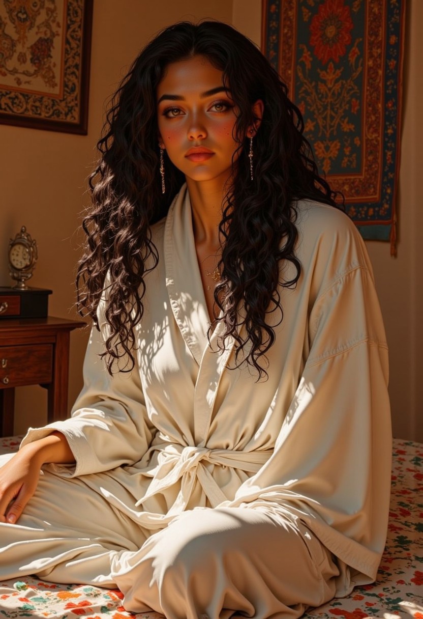 photo of a young woman with long, curly black hair, sitting on a bed with floral sheets, wearing a white bathrobe tied at the waist, soft warm lighting, dimly lit room, cozy atmosphere, woman looking directly at the camera with a serious expression, bedroom setting, wooden furniture in the background, colorful tapestries hanging on the wall, subtle shadows, realistic style, natural textures, casual and intimate mood, boho chic decor, warm tones, earthy color palette, detailed hair texture, soft robe fabric, relaxed pose, natural makeup, slightly parted lips, medium skin tone, hint of jewelry, modern and stylish, casual yet elegant, homey environment, inviting and personal space, warm light casting gentle highlights and shadows, photograph, realistic, contemporary style, cozy and intimate setting, casual and relaxed atmosphere, warm and inviting colors, natural and authentic feel, detailed and rich composition, soft and warm lighting, realistic and detailed, boho chic aesthetic, intimate and personal setting, soft and warm light, cozy and inviting atmosphere,