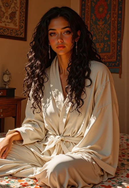 photo of a young woman with long, curly black hair, sitting on a bed with floral sheets, wearing a white bathrobe tied at the waist, soft warm lighting, dimly lit room, cozy atmosphere, woman looking directly at the camera with a serious expression, bedroom setting, wooden furniture in the background, colorful tapestries hanging on the wall, subtle shadows, realistic style, natural textures, casual and intimate mood, boho chic decor, warm tones, earthy color palette, detailed hair texture, soft robe fabric, relaxed pose, natural makeup, slightly parted lips, medium skin tone, hint of jewelry, modern and stylish, casual yet elegant, homey environment, inviting and personal space, warm light casting gentle highlights and shadows, photograph, realistic, contemporary style, cozy and intimate setting, casual and relaxed atmosphere, warm and inviting colors, natural and authentic feel, detailed and rich composition, soft and warm lighting, realistic and detailed, boho chic aesthetic, intimate and personal setting, soft and warm light, cozy and inviting atmosphere,