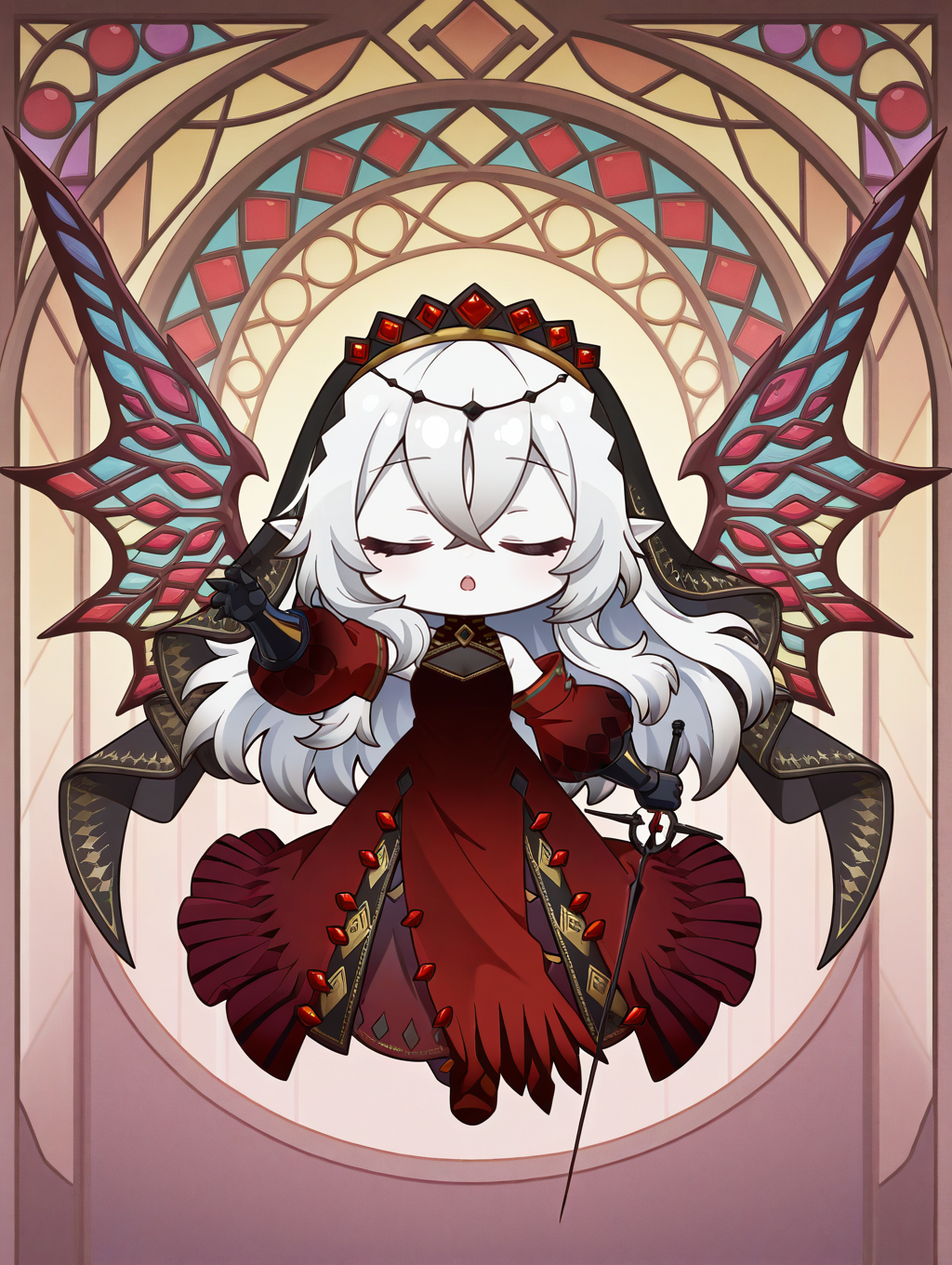 1girl,closed eyes,flower,solo,chibi,full body,open mouth,rapier,holding rapier,red detached sleeves,red dress,black bridal veil,black gauntlets,blazing cartesia the virtuous,white skin,stained glass wings,
masterpiece,best quality,amazing quality,very aesthetic,absurdres,newest,<lora:blazing cartesia the virtuous illuXL v1.2:0.8>,