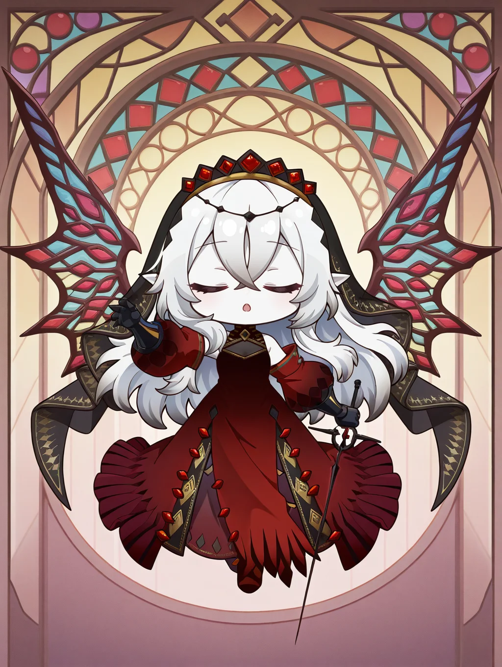 1girl,closed eyes,flower,solo,chibi,full body,open mouth,rapier,holding rapier,red detached sleeves,red dress,black bridal veil,black gauntlets,blazing cartesia the virtuous,white skin,stained glass wings,
masterpiece,best quality,amazing quality,very aesthetic,absurdres,newest,<lora:blazing cartesia the virtuous illuXL v1.2:0.8>,