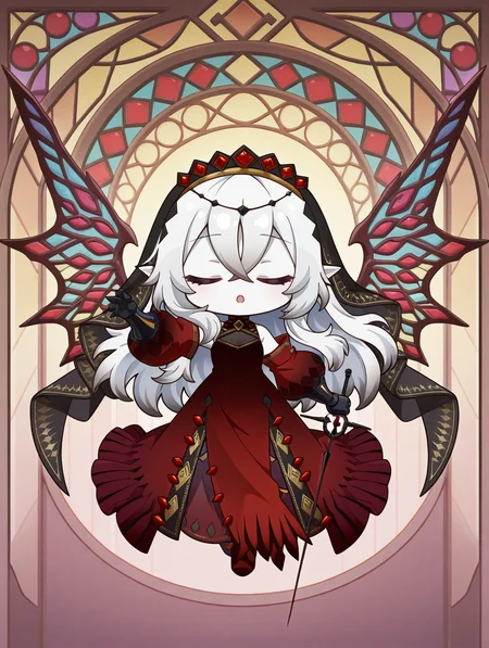1girl,closed eyes,flower,solo,chibi,full body,open mouth,rapier,holding rapier,red detached sleeves,red dress,black bridal veil,black gauntlets,blazing cartesia the virtuous,white skin,stained glass wings,
masterpiece,best quality,amazing quality,very aesthetic,absurdres,newest,<lora:blazing cartesia the virtuous illuXL v1.2:0.8>,