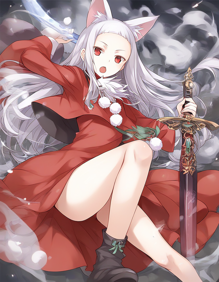 score_9, score_8_up, score_7_up, source_anime, rating_explicit, BREAK  <lora:Belfraw_Martini_Ver2.0_XL:1>  Belfraw_Martini, 1girl, solo, silver hair, open mouth, animal ears, dress, red dress, pom pom (clothes), looking at viewer, weapon, long sleeves, sword, red eyes,