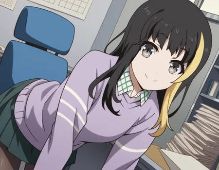 score_9, score_8_up, score_7_up, source_anime, tsubakiandou, <lora:tsubaki-andou-s1-ponyxl-lora-nochekaiser:1>, tsubaki andou, long hair, blonde hair, black hair, multicolored hair, streaked hair, grey eyes,, skirt, shirt, pantyhose, collared shirt, sweater,, indoors, office, bent over, smile, looking at viewer, solo, cowboy shot, dutch angle