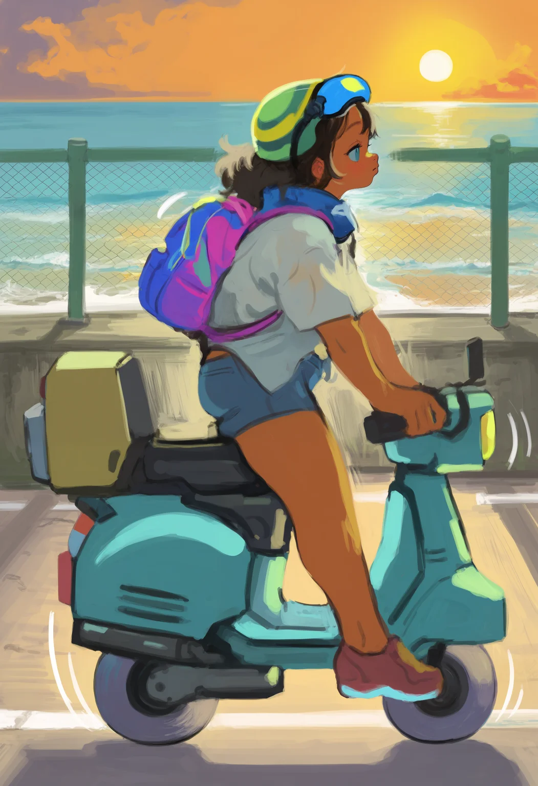 amazing quality, newest, absurdres, realistic lighting, 1girl, solo, tan skin, riding, scooter, backpack, side view, motion lines, goggles, tinted eyewear, outdoors, road, chain-link fence, water, ocean, sunset, <lora:naohito-IL>