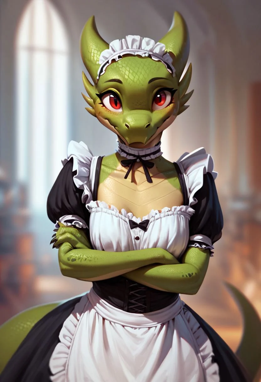 (((beautiful, high quality))), upper Body, score_9, score_8_up, score_7_up,
Kobold, furry dragon, tail, short stature, 1girl, green scales, red eyes, maid costume,
looking at the viewer, posing,
blurred background,