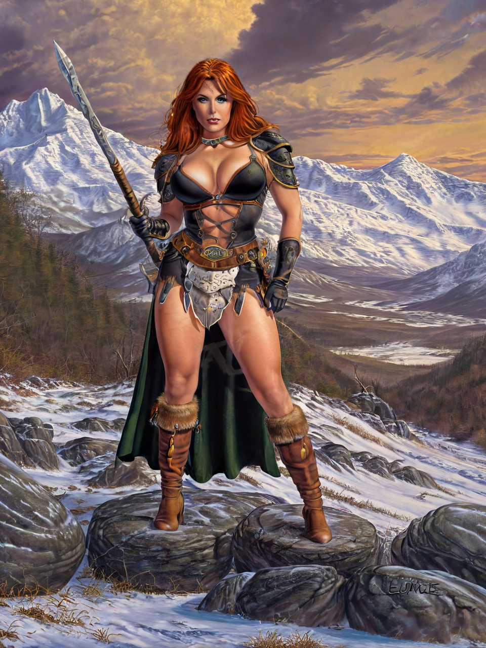 (((nude fantasy illustrations of by Elmore_Style_LX))) , standing pose, Witches and warriors, sexy, skimpy, slutty, red head  supermodel witch, adventure, cinematic, epic outdoor location, fantasy illustration, cinematic scene by forgotten realms, 1woman barbarian, skimpy armor, Huge breasts, bikini armor, sexy barbarian nude , with sword with a magic items, in the background epic winter sunset Fantasy masterpiece by Larry Elmore , <lora:Elmore_Style_LX-000010:0.8>