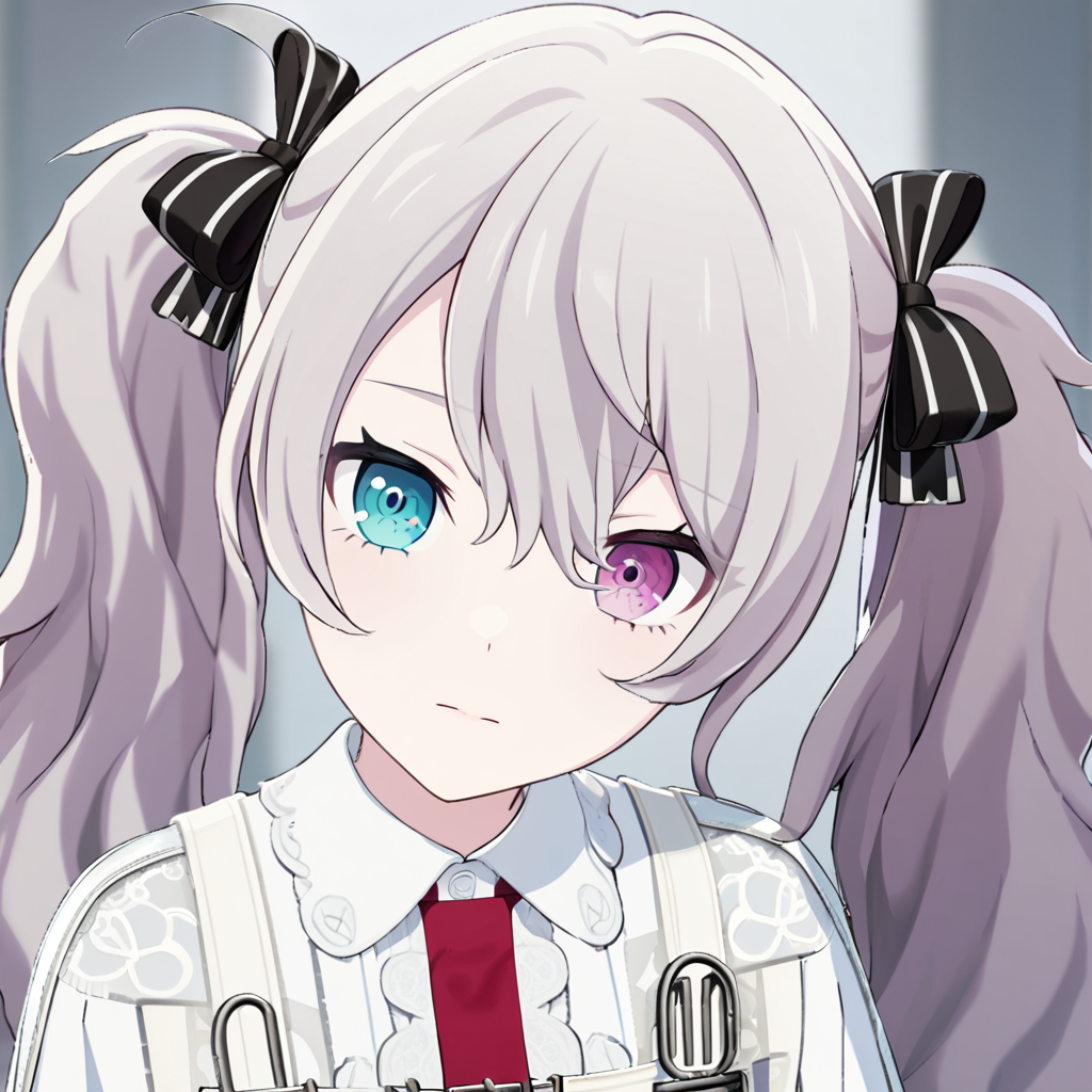 1girl, 25-ji miku, project sekai, masterpiece, very aesthetic, absurdres, official art, 
brandnew 25miku, very long hair, grey hair, twintails, bangs, heterochromia, pink eye, aqua eye,
(lookiing at viewer:1.4), portrait, face focus, expressionless,  all fours, 
white dress, hair ribbon, black ribbon,  sleeves past wrists, red necktie, 
mist, grey background, blurry background, steel frame,
 <lora:sdxl-vs-BN25Miku05:0.9:lbw=0,0,0.2,0.2,0,0.4,0.4,0,0.8,0.8,0,0,0,0.8,0.8,0.6,0.8,0.0,0.0,0.0,0,0,0,0,0,0>