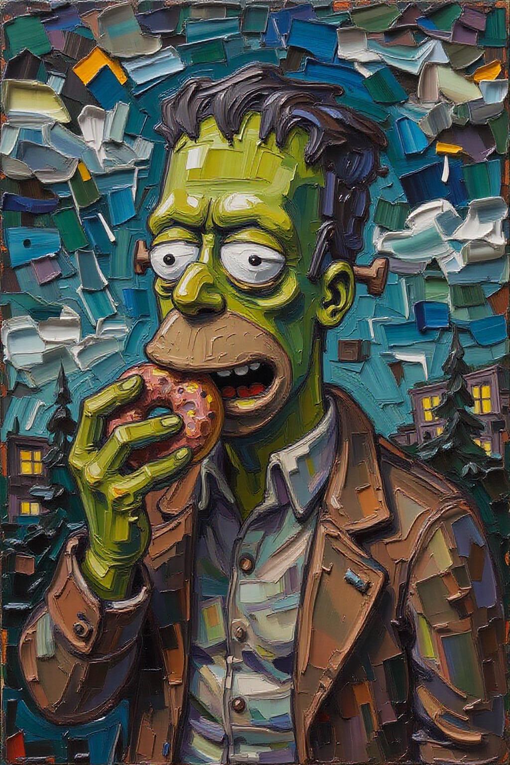 impasto oil painting. Homer Simpson dressed as Frankenstein, eating a doughnut during a thunderstorm   <lora:impasto5_nocap_d6a3:1.0> <lora:Flux-Sch-SingleBlocks-BF16:1.0><lora:803883170740105827:0>