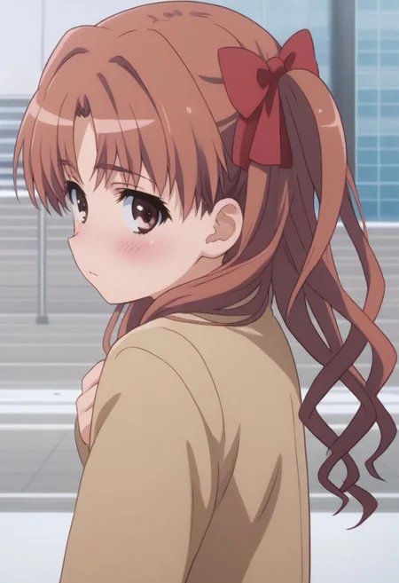 1girl, (upper body:1.5), campus, school, standing, cute, twin tail, school building, blush, proud, on own shoulder, red hair ribbon, hair ribbon, kuroko, winter, looking at viewer, snow, emotionless, side view