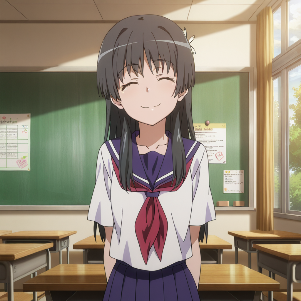 nsfw, masterpiece, best quality, amazing quality,1girl, solo, index_railgun_saten_ruiko, smile, sakugawa school uniform, black hair, school uniform, serafuku, long hair, closed eyes, skirt, classroom, <lora:Saten_Ruiko_-_Index_Railgun:0.7>