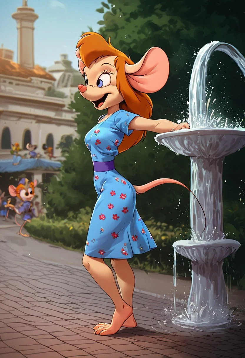 kftenhance, score_9, score_8_up, score_7_up, score_6_up, score_5_up, score_4_up
Day, city street, city background, Park, fountain, crowded, day
1gir, anthro mouse, gadget, medium perky breasts, short blue summer dress, flower print, makeup, happy, 3/4 side view, looking at fountain, barefoot