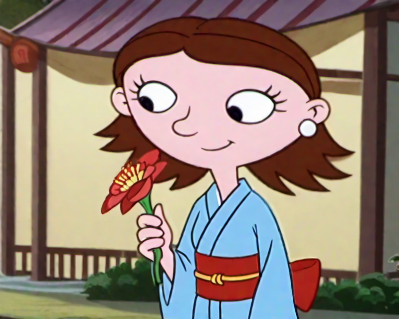 1girl, solo, ruthp, brown hair, black eyes, slight smile, kimono, holding flower, outdoors, zen garden simple background, casual, best quality, volumetric lighting, cartoon screencap, <lora:ruthp:1>,