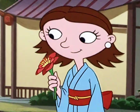 1girl, solo, ruthp, brown hair, black eyes, slight smile, kimono, holding flower, outdoors, zen garden simple background, casual, best quality, volumetric lighting, cartoon screencap, <lora:ruthp:1>,