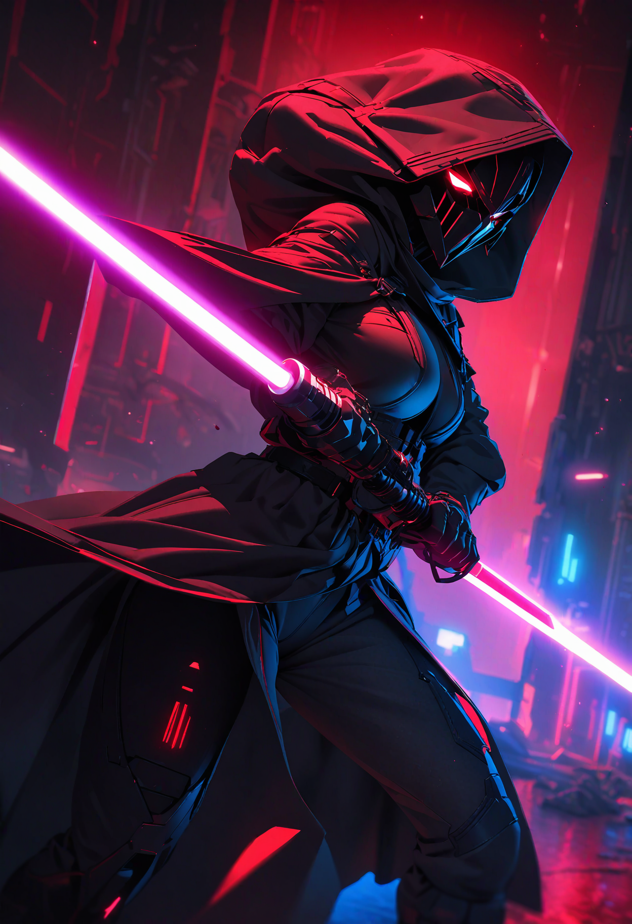 (masterpiece), best quality, (4K), (cinematic red lighting), Colorful, vibrant, spot color, highly detailed, sharp, high resolution, 4K, UHD, 8K, masterpiece, ultra_high_resolution, OverallDetailXL, sci-fi, medieval neon lights, gloe, dramatic contrast, extraordinary, hyperrealistic, cinematic lighting, complex, immersive, intricate, 1girl, solo, sith outfit, star wars, led, hooded cloak, holding blade, red lightsaber, dynamic angle, stance, attacking, ultra highres, absurdres, deep glow effect, hdr, light particles, cinematic lighting, depth of field