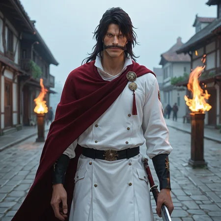 score_9, score_8_up, score_7_up, score_6_up, score_5_up, score_4_up, masterpiece, high quality, detailed
1man, long black hair, dark brown hair, huge mustache, pronounced cheekbones, long nose, thin eyebrows, white boots, brown eyes, maroon-black cloak, broad chin, white uniform, close-up, upper body, <lora:yhwach:1> looking to the side, mysterious, holding a sword , weapon, village on fire, walking, (surrounded by big fire:1.1) big flame