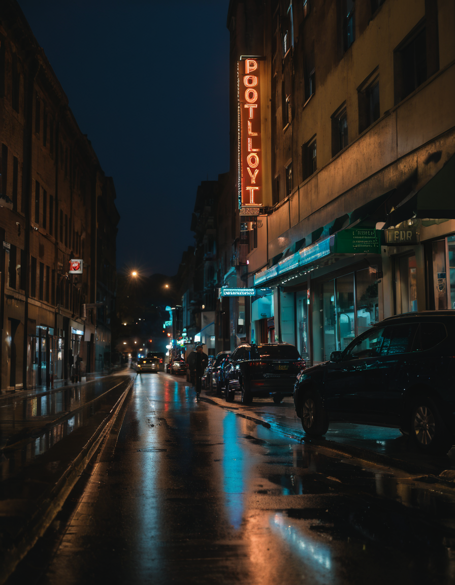 Misty (urban street:1.2), (neon signs:1.3) in varied scripts, (reflections on wet asphalt:1.2), subtle (rain puddles:1.1), (diffused streetlights:1.1), early (nightfall:1.2), (deep blues and cyans:1.1), (deserted sidewalks:1.1), (ambient urban hum:1.2), (moody atmosphere:1.3), cinematic grade, wide aperture effect, low angle view, high ISO setting, digital noise, Nikon D850, 24mm, f/1.4, 1/50s,
