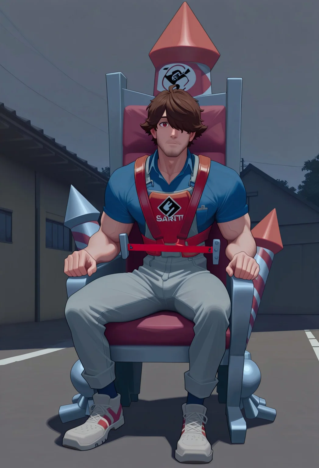 score_9, score_8_up, score_7_up, score_6_up, score_5_up, score_4_up, high quality, (detailed eyes:1.5), (detailed face), full body, ((perfect face)), master piece, best high quality, ultra details, intricate details, male focus, detailed body, detailed background, perfect anatomy, masterpiece, high quality, best quality, amazing quality, very aesthetic, absurdres, bara, muscular, muscular male, CharlesHolt, gray overalls, blue collared shirt, brown hair, (stubble), hair over one eye, sitting in chair, ((rocket chair)), ((red safety bar:2.5)) over lap, dilapidated building, dusk, foggy background, horror atmosphere