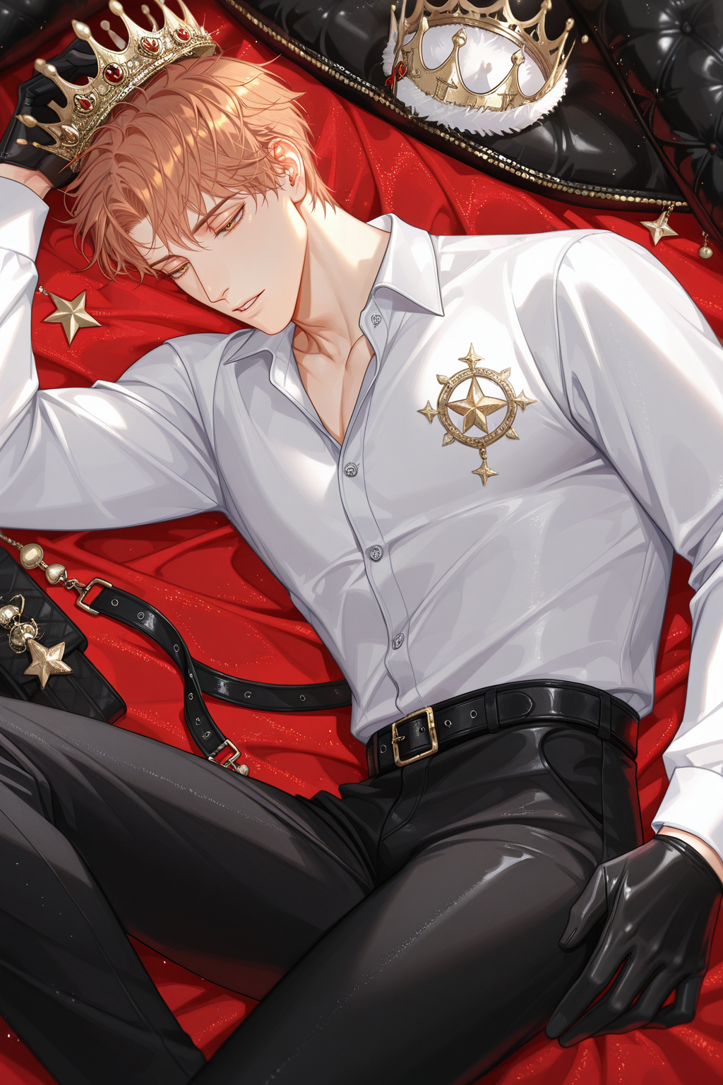 <lora:jesse-IL:0.8>,jesse, short hair, shirt, male focus, pants, white shirt, long sleeves, collared shirt, black pants, belt, gloves, parted lips, black gloves, star \(symbol\), lying, crown, from above, half-closed eyes, on side, 1boy, green hair, solo,bara,male focus,very awa,masterpiece,best quality,amazing quality,nsfw,uncersored,highres,best quality,amazing quality,best aesthetic,absurdres,