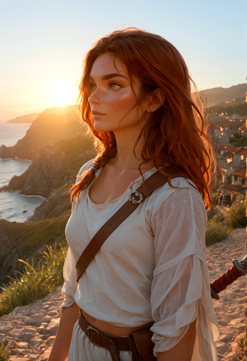 (photorealism:1.5)
female adventurer, walking with sword strapped, contemplative expression, coastal village in the background, soft lighting, vibrant colors, high contrast, hyper-realistic, relaxed pose, detailed, high-definition, peaceful walk, reflective mood, serene atmosphere
slight freckles, long eyelashes, thick eyebrows, floating hair, wind, shoulder protector, looking to the side, facing to the side,
<lora:polyhedron_golden_hour_000006:1> golden hour, sunset, sunrise