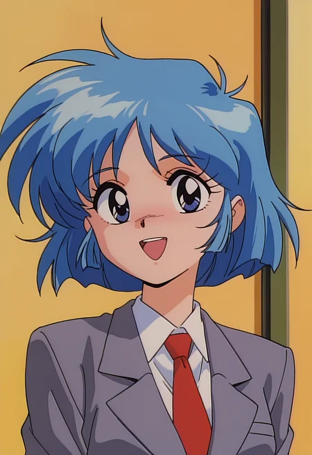 masterpiece, best quality, amazing quality, very aesthetic, absurdres, newest, illustration, perfect composition, intricate details, highres, uncensored, general, 1girl, solo, (portrait:1.2), retro artstyle, 1990s \(style\), ogawa hiroe, blue hair, blue eyes, short hair, small breasts, school uniform, blazer, grey jacket, red necktie, looking at viewer, smile, open mouth, shiny body, shiny skin, skindentation, clear skin, shiny hair, ultra detailed eyes, depth of field, sharp, intricate details, hyperdetailed, ultra-detailed, detailed clothing folds, high contrast, dynamic light <lora:Hiroe Ogawa_Nageki no Kenkou Yuuryouji_ill:1>