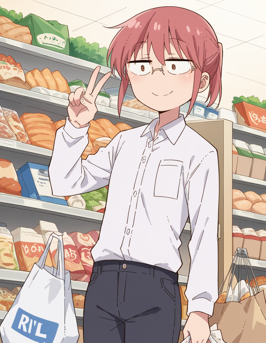 score_9, score_8_up, score_7_up, source_anime, <lora:dragon-kobayashi-s2-ponyxl-lora-nochekaiser:1>, kobayashi, ponytail, pink hair, glasses, short hair, brown eyes,, shirt, long sleeves, white shirt, collared shirt, pants, black pants, office lady,, grocery store, cashier, shopping bag, scanning items, small talk, everyday routine, smile, , v, v over eyes,, solo,, dutch angle,