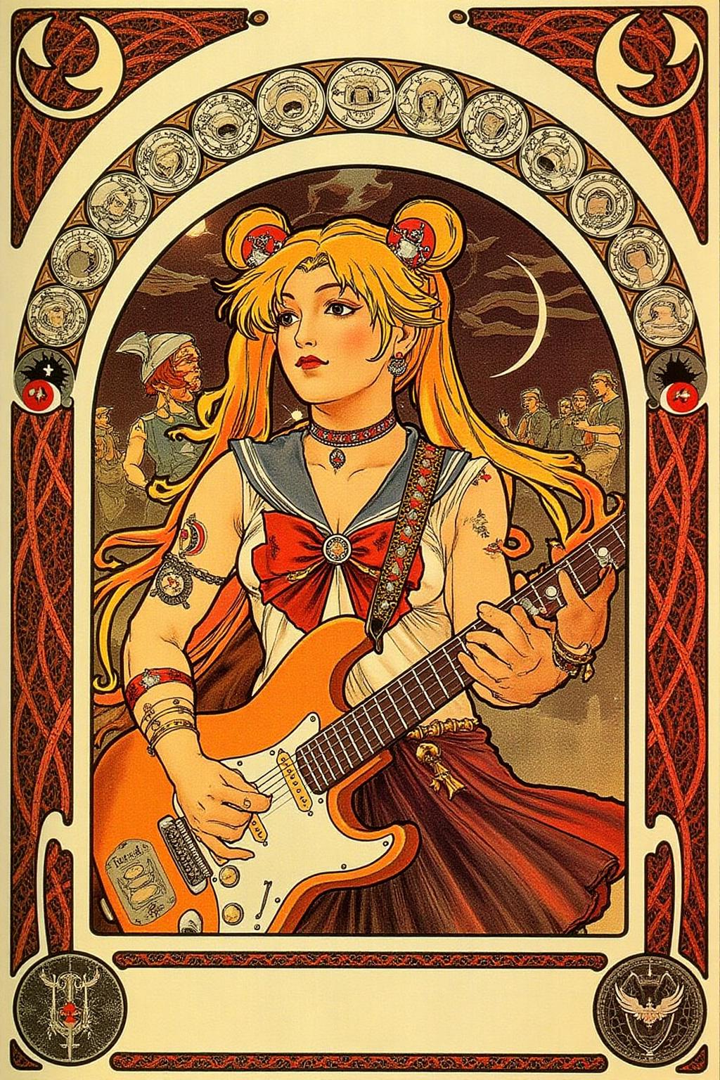 mucha1 Art Nouveau illustration
of punk sailor moon playing a guitar at a heavy metal mosh pit, tattoos, piercing. <lora:mucha1_cap_d6a3e11:1.0><lora:822894620137578074:0>