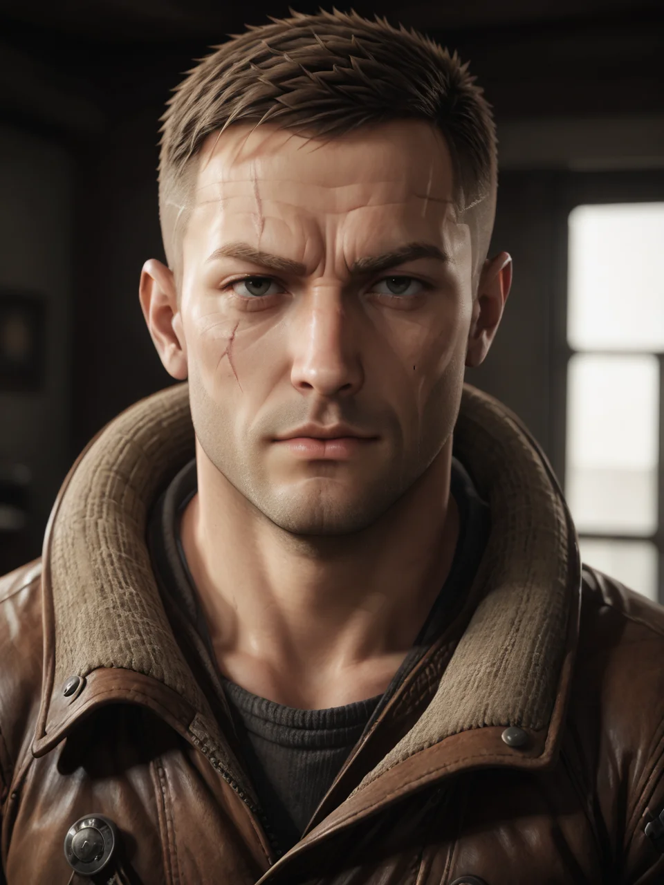 score_9, score_8_up, score_7_up, score_6_up, BREAK, WJBlazkowicz, short hair, black hair, buzz cut, facial hair, scar, <lora:WJBlazkowicz:1>