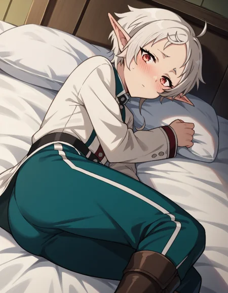 score_9, score_8_up, score_7_up, source_anime,
sylphy, <lora:sylphiette-s2-ponyxl-lora-nochekaiser:1>,
sylphy, short hair, ahoge, white hair, pointy ears, elf,
red eyes, long sleeves, boots, pants, uniform, shirt, white shirt,
indoors, bed, bed room, on side, blush, drunk,
looking at viewer, dutch angle, cowboy shot,