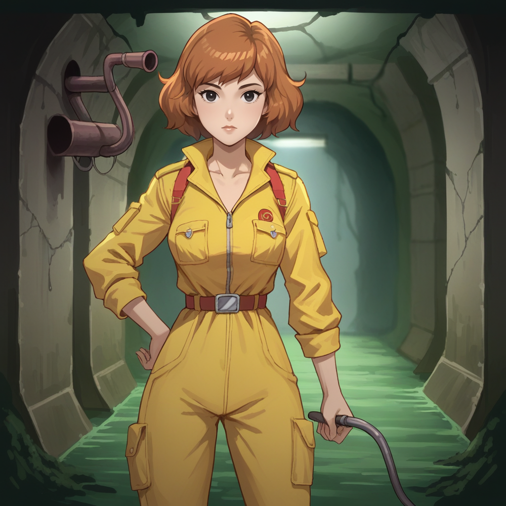 score_9, score_8_up, score_7_up, score_6_up, score_5_up, score_4_up, zPDXL2,source_anime,rating_questionable,1girl, solo, yellow jumpsuit, april o neil, looking at viewer, cowboy shot, <lora:Sewer:0.8> s3wer, sewer, pipes, moss, underground