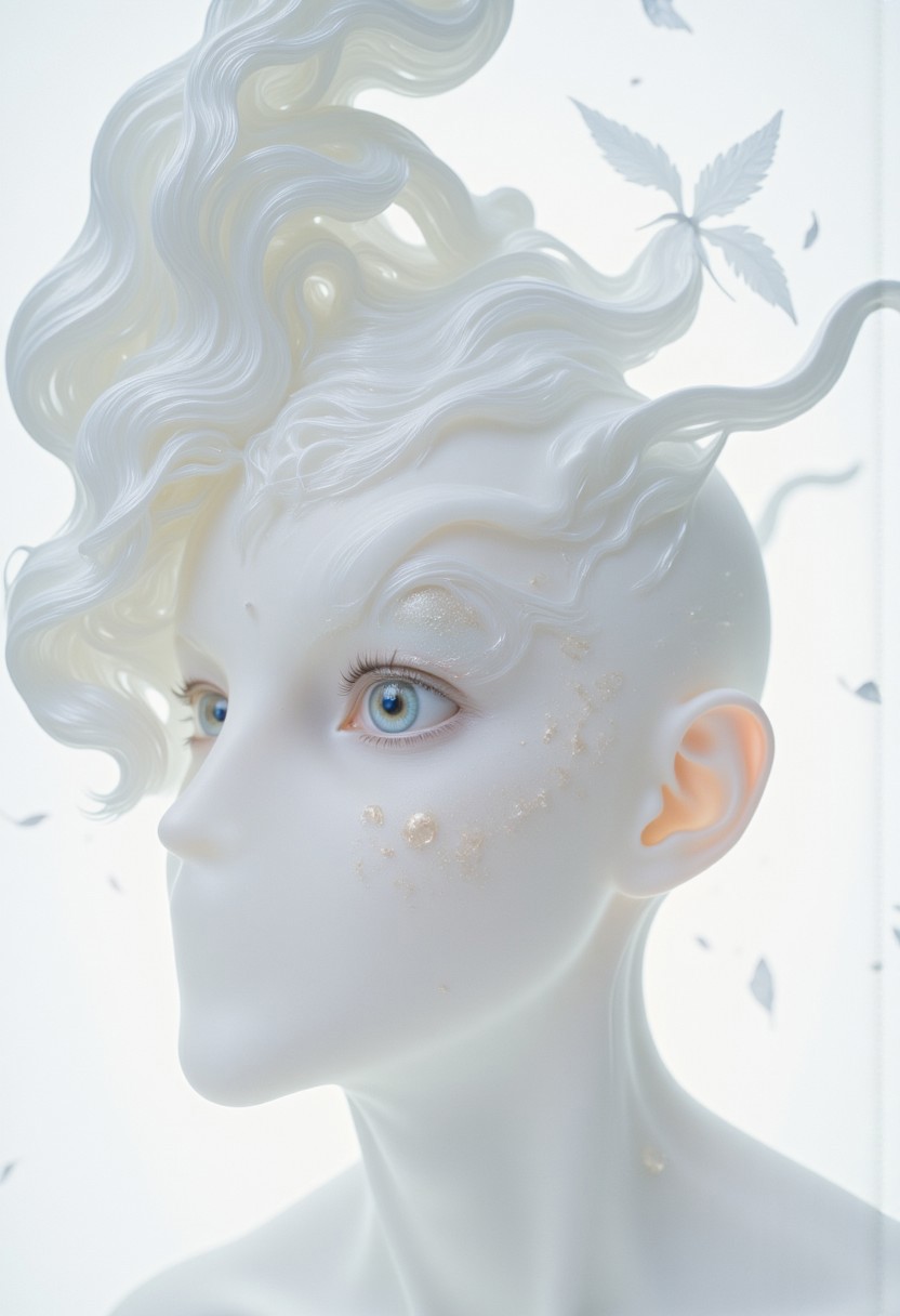 A closeup, surreal, ethereal portrait of a woman with a hauntingly beautiful, almost angelic presence. Her pale complexion is luminescent, blending seamlessly into the pure white background, creating an impression that she is emerging from light itself. Her very large piercing blue eyes are the focal point, their crystalline clarity and soft glow conveying a sense of otherworldly wisdom and calm. Her long lashes are bold and dramatic, contrasting starkly against her porcelain skin, drawing the viewer's gaze deeper into her haunting stare. Her features are delicately sculpted, with high cheekbones, a perfectly straight nose, and soft, full lips that hold a subtle, neutral expression, suggesting serenity and quiet strength. Her platinum-white hair flows and floats softly upwards, emphasizing her celestial appearance. The fine strands are light and wispy, blending seamlessly into the white backdrop with white ashes falling around her, adding to the ethereal atmosphere. The lighting is diffused and even, erasing shadows and creating a minimalistic aesthetic that places full focus on her striking features. The overall composition feels timeless, as if capturing the essence of purity and perfection, with a soft, dreamlike quality that invites introspection and awe. The simplicity of the image enhances its mystique, creating a profound, angelic presence that feels both familiar and otherworldly.