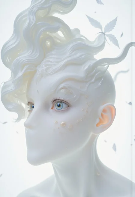 A closeup, surreal, ethereal portrait of a woman with a hauntingly beautiful, almost angelic presence. Her pale complexion is luminescent, blending seamlessly into the pure white background, creating an impression that she is emerging from light itself. Her very large piercing blue eyes are the focal point, their crystalline clarity and soft glow conveying a sense of otherworldly wisdom and calm. Her long lashes are bold and dramatic, contrasting starkly against her porcelain skin, drawing the viewer's gaze deeper into her haunting stare. Her features are delicately sculpted, with high cheekbones, a perfectly straight nose, and soft, full lips that hold a subtle, neutral expression, suggesting serenity and quiet strength. Her platinum-white hair flows and floats softly upwards, emphasizing her celestial appearance. The fine strands are light and wispy, blending seamlessly into the white backdrop with white ashes falling around her, adding to the ethereal atmosphere. The lighting is diffused and even, erasing shadows and creating a minimalistic aesthetic that places full focus on her striking features. The overall composition feels timeless, as if capturing the essence of purity and perfection, with a soft, dreamlike quality that invites introspection and awe. The simplicity of the image enhances its mystique, creating a profound, angelic presence that feels both familiar and otherworldly.