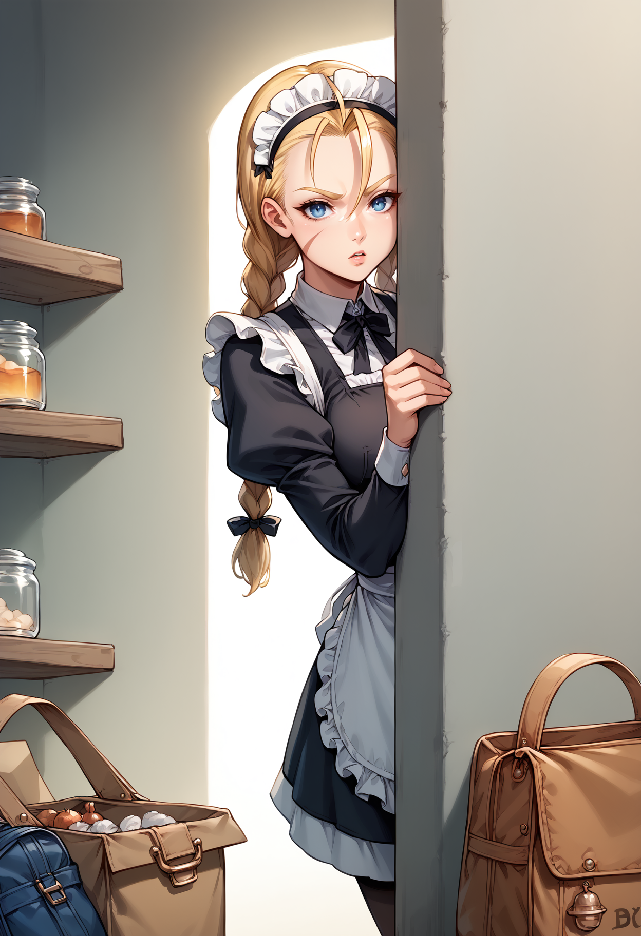 score_9, score_8_up, score_7_up, source_anime, 1girl, solo, looking at viewer, CammySF, twin braids, blonde hair, maid, maid headdress, maid apron, long sleeves, hair ribbon, (basement:1.2), dark, dimly lit, shelf, shadow, dramatic lighting, cardboard box, bag, jar, peeking out, upper body, blue eyes, ahoge, puffy sleeves, hanging light, light bulb, hiding behind wall, serious, parted lips