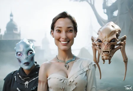 weird woman, erotic, 19yo, portrait, strange feathers, score_9, score_8_and_up, PocahontasXLP, strapless, cleavage, big smile, alien eyes