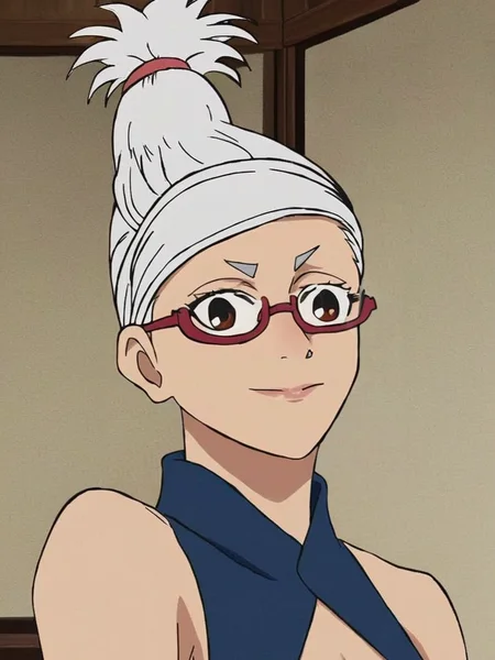 score_9, score_8_up, score_7_up, seikoayase, a stylized character with white hair styled in a ponytail, wearing glasses and a blue hoodie, 1girl, solo, looking at viewer, blush, smile, short hair, simple background, closed mouth, upper body, sleeveless, indoors, lips, blue shirt, single hair bun, freckles, nose, blue sailor collar, volumetric lighting   <lora:dandadan_pony_v1-1:0.9>