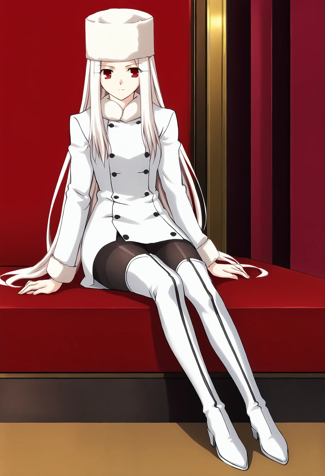 score_9, source_anime, <lora:Irisviel von Einzbern pony:1> , irisviel von einzbern,1girl, thigh boots, solo, red eyes, hat, long hair, boots, thighhighs, white hair, pantyhose, white footwear, coat, sitting, fur hat