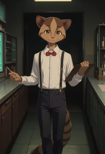 masterpiece, best quality, amazing quality, very aesthetic, absurdres, newest, high quality, detailed, Deshico, 1boy, mature male, male, anthro, civet, animal ears, brown eyes, tan and brown fur, white collared shirt, red bowtie, black suspenders, black pants, standing, lab, holding clipboard, looking at viewer, smiling, half body, indoors, volumetric lighting