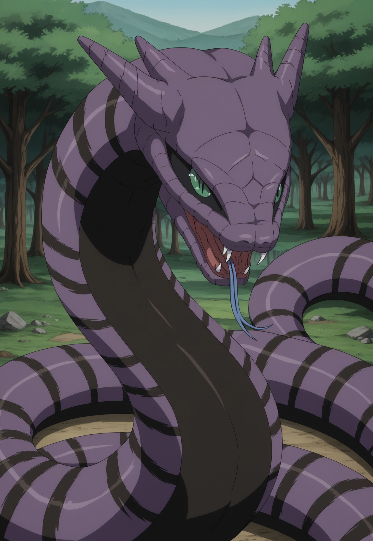safe_pos, masterpiece, best quality, solo, Naruto_Manda, snake, slit pupils, green eyes, purple body, body markings, black eye markings, 2 pair of horns, black belly scales, open mouth, fangs, forked tongue, blue tongue, hissing, cowboy shot, forrest, dynamic pose,