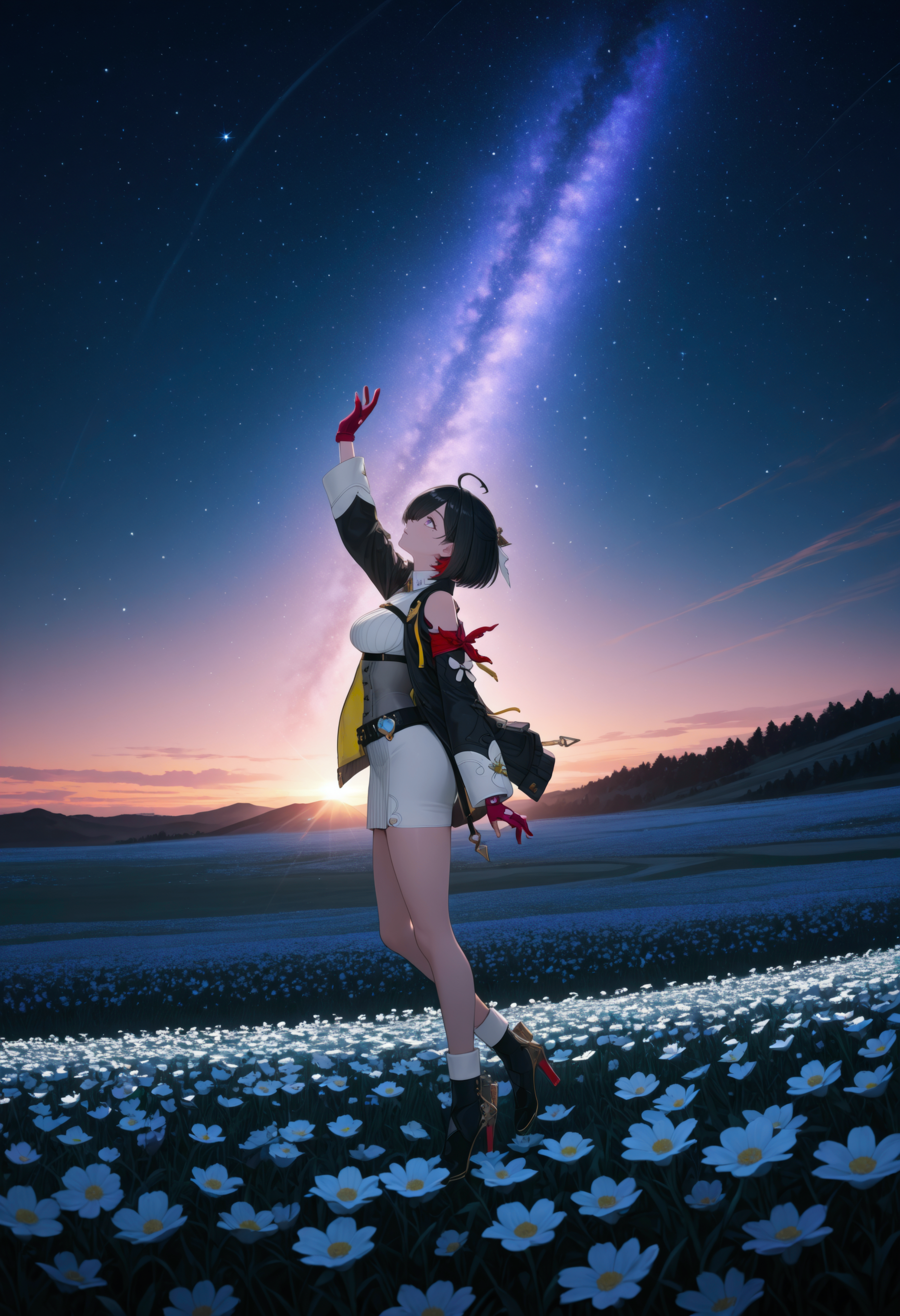 <lora:Char_Yumia_Liessfeldt:1>, purple eyes, hair over one eye, colored inner hair, black hair, red hair, bob cut, ahoge, mole under eye, hair ornament,
white dress, collared dress, short dress, chest strap, ribbed dress, corset,
multicolored jacket, two-sided jacket, black jacket, yellow jacket, shoulder cutout, red armband, long sleeves, belt, partially fingerless gloves,
ankle boots, high heels,
from side, flower field, wide shot, looking up, reaching up, star \(sky\), dusk, sunlight, milky way, very awa, masterpiece, best quality, highres, absurdres